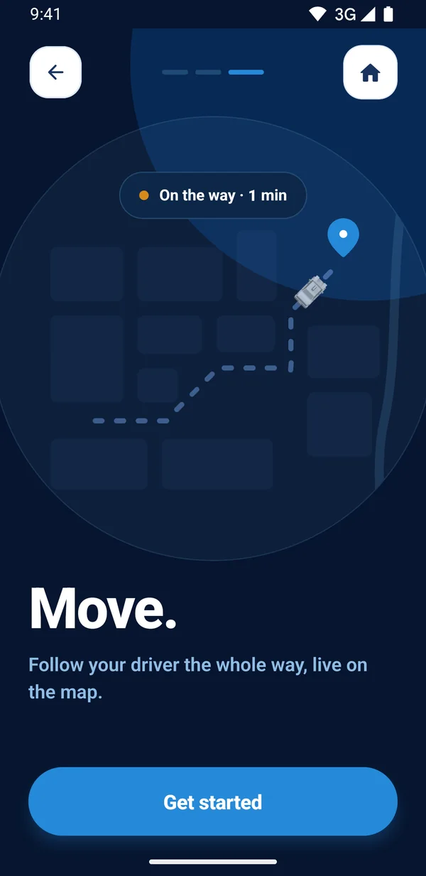 Zeri screen: Move. Follow your driver the whole way, live on the map.