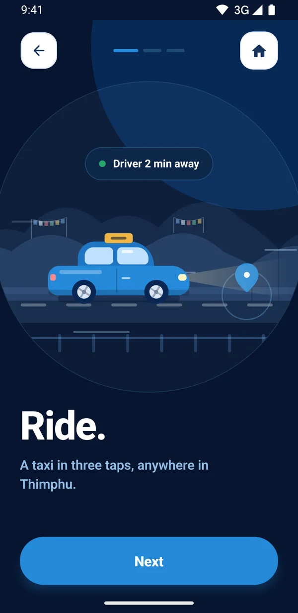 Zeri screen: Ride. A taxi in three taps, anywhere in Thimphu.